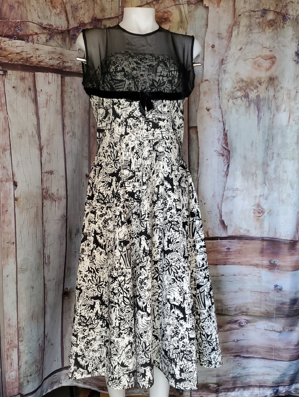 Vintage Black & White Print Sheer Yoke Fit-and-Flare Dress